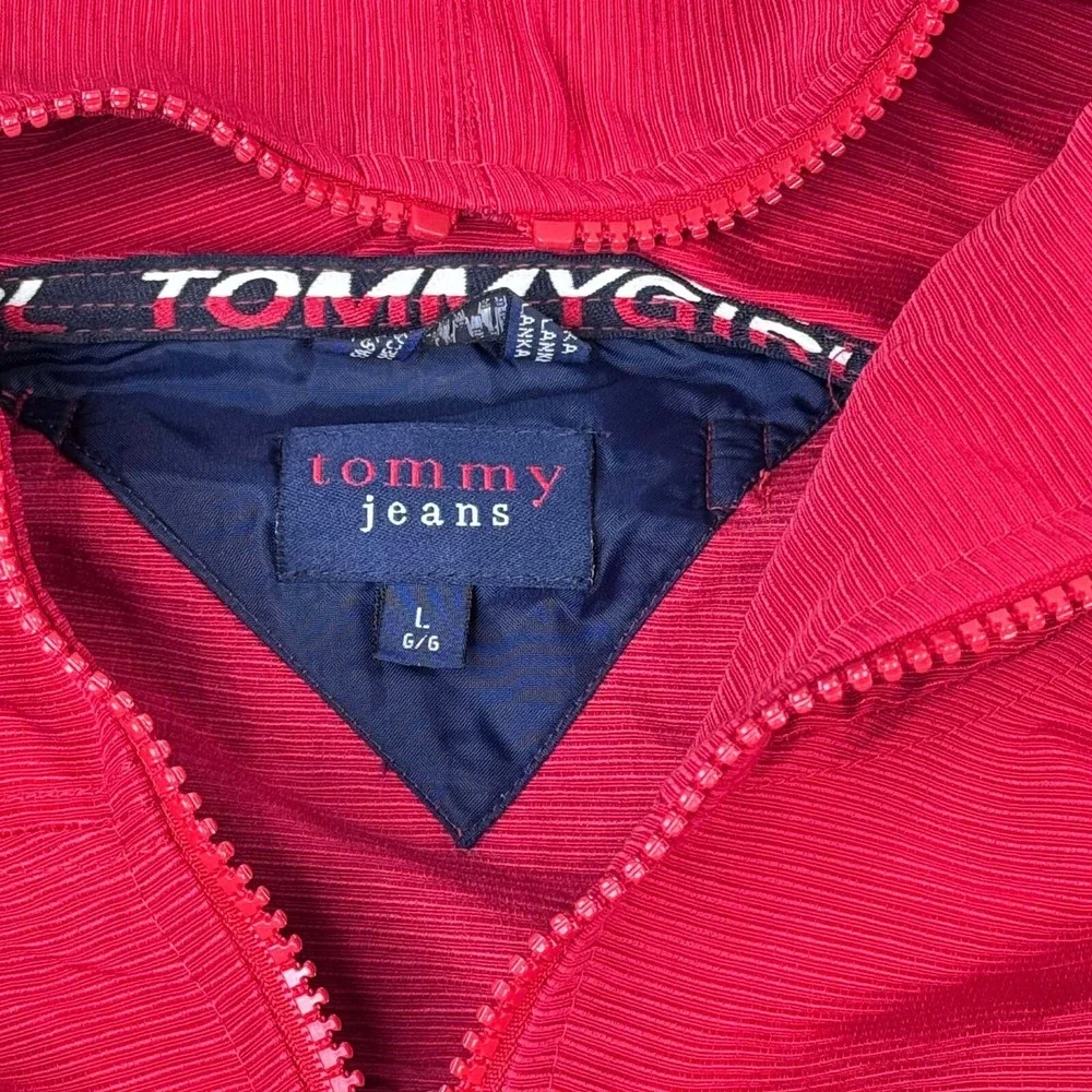 VTG Tommy Jeans Women's Size L Anorak Jacket 1/4 Zip Hooded Y2K Red Pullover 90s